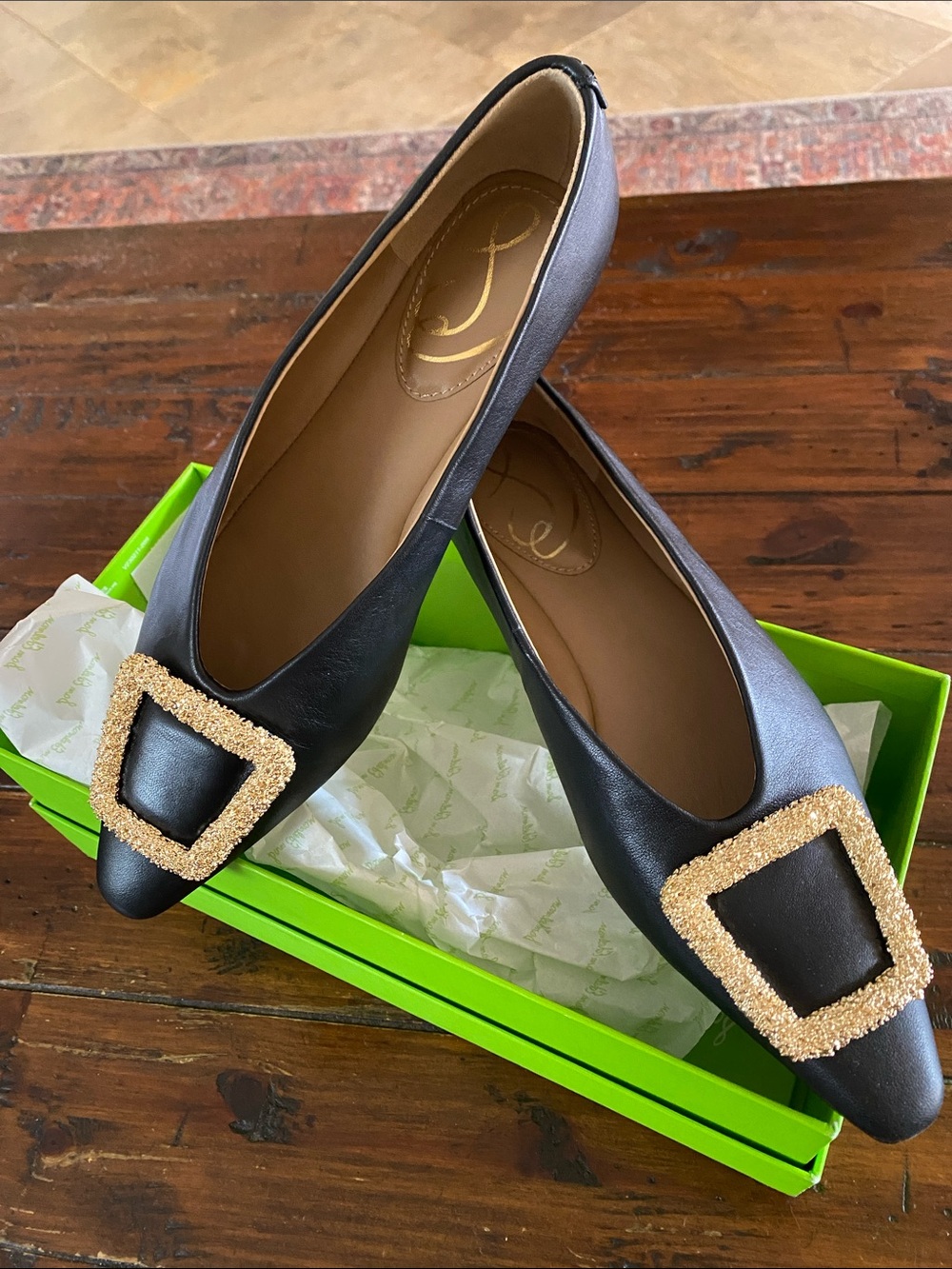 Sam Edelman Black Pointed Toe Flats with Gold Buckle